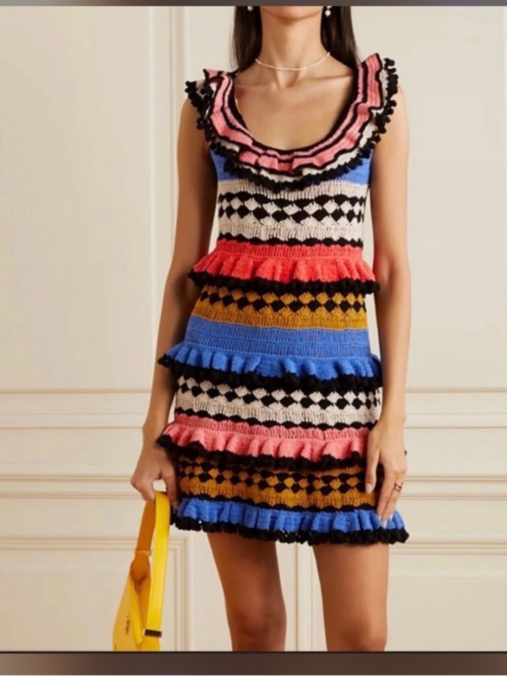 Zimmerman Tiggy Frill Crochet Cotton Knit Multicolor Mini Dress. Size S